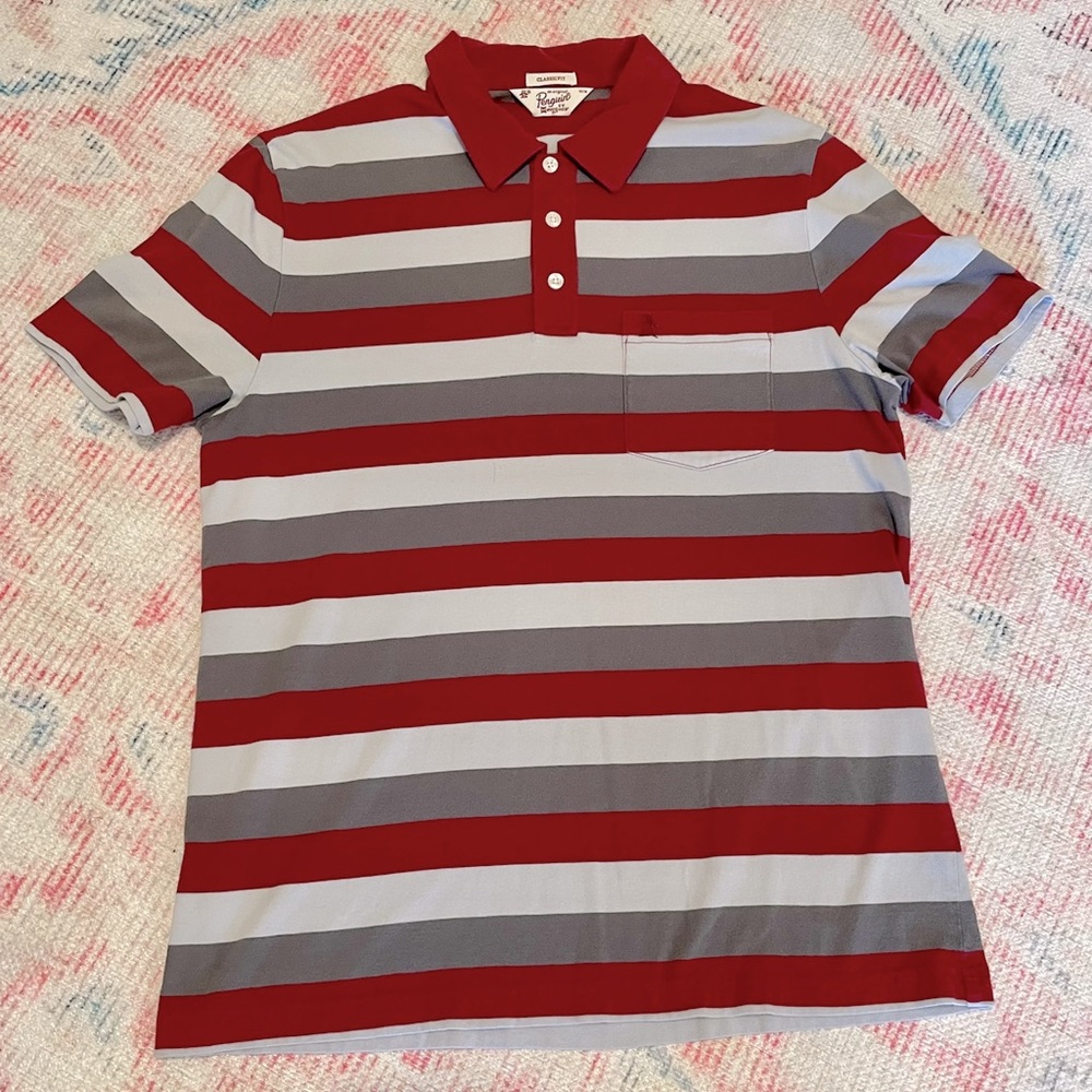 Vintage Original Penguin Red and Gray Striped Polo - Medium